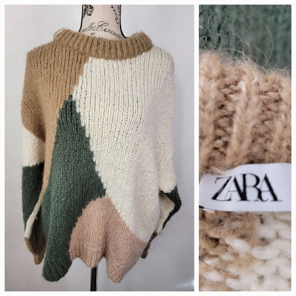 ZARA Grandpa Sweater Womens Small Wool Boxy Colorblock Crewneck Cottagecore